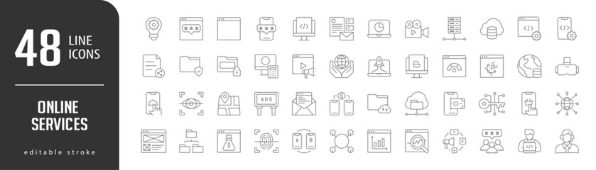 Online ServicesLine Editable stoke Icons set. Vector illustration in modern thin lineal icons types: Website Rating, Website warning sign, Smartphone Rating , branding stationery, Computer Web Coding 