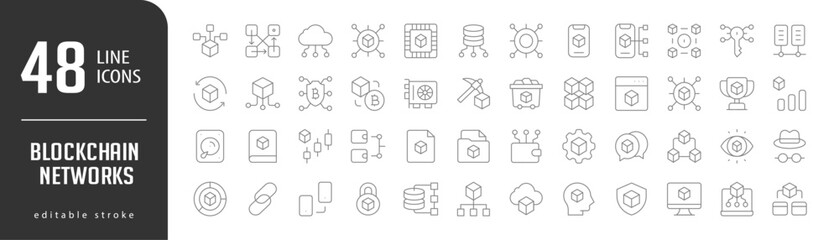 Blockchain NetworksLine Editable stoke Icons set. Vector illustration in modern thin lineal icons types: Distributed, Transaction, Cloud, Node, Processor,  and more.