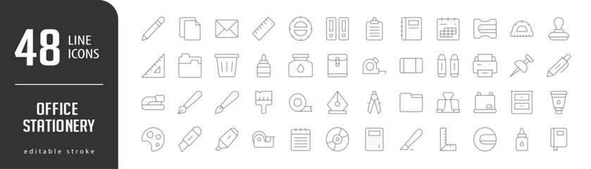 Office StationeryLine Editable stoke Icons set. Vector illustration in modern thin lineal icons types: Pencil, Papers, Message, Ruler, Folder Document,  and more.