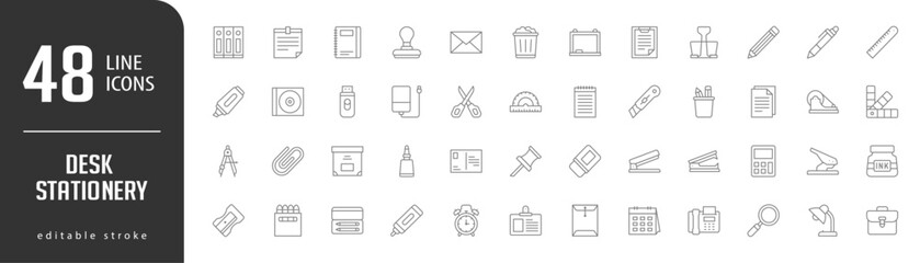 Desk StationeryLine Editable stoke Icons set. Vector illustration in modern thin lineal icons types: File folder, agenda book, stamp, sticky note, envelop,  and more.