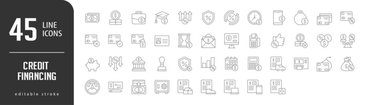 Credit FinancingLine Editable stoke Icons set. Vector illustration in modern thin lineal icons types: Cash Money, Coins, Money Case, Education, Rate Increase,  and more.