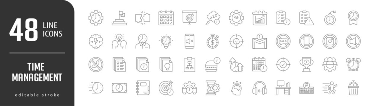 Time ManagementLine Editable stoke Icons set. Vector illustration in modern thin lineal icons types: Goals, Time Management, Puzzle, Calendar, Presentation Target,  and more.