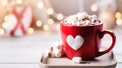 Mug full of hot chocolate cocoa with marshmallows on Christmas - obrazy, fototapety, plakaty