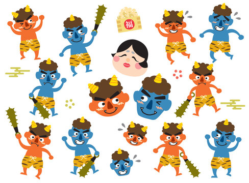 節分のおかめと赤鬼・青鬼のイラスト　全身　バリエーション