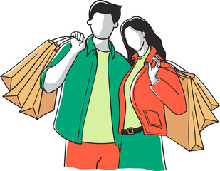 Couple of happy modern man and woman walking together with shopping bags. Young smiling people carrying purchases from sale. Colored flat graphic vector illustration isolated on white background
