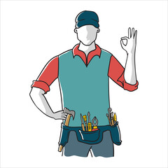 Vector illustration of mechanic builder with ok sign ready to repairing. Handyman with ok sign