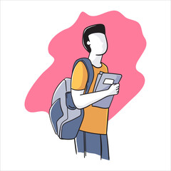 A boy with a backpack holds notebooks and textbooks in her hands. Flat male college student isolated on white background. Back to school, modern schoolboy in jeans
