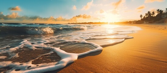 Beautiful sunset on a tropical beach. Panoramic photo - obrazy, fototapety, plakaty