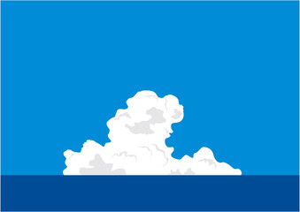 青空と青い海の水平線に出ている入道雲のイラスト