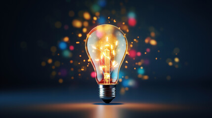 a light bulb in front of colorful lights, An Electric Ballet of Light and Vivid Hues, light bulb in gold and purple, yellow and orange - obrazy, fototapety, plakaty