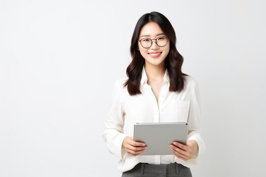 Image of young asian woman company worker in glasses smiling and holding digital tablet standing over white background, generative ai