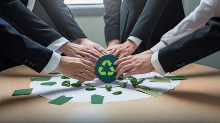 Group of business people put hand stack showing synergy of corporate cooperation on environmental protection to save Earth - obrazy, fototapety, plakaty