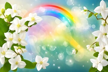Fototapeta na wymiar Abstract springtime background. blooming jasmine and a rainbow