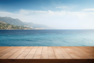 Fototapeta premium Wooden stage floor on the beach with trees and blue sky vacation background.