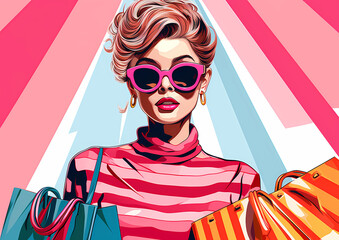woman carries shopping bags in her hands in pop art