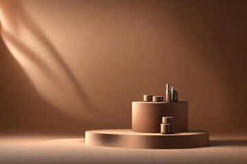 podium with brown fabric and a shadowy window background.Display stands for cosmetics are used.Concept of a 3D brown backdrop.showcase for a geometric stage.3D rendering