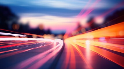High speed motion blur from cars driving on a highway at twilight, abstract background - obrazy, fototapety, plakaty