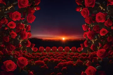 Poster Red Roses Flowers blooming in Fantasy magical enchanted garden, fairytale floral grove on mysterious evening dusk background with sunset light in golden hour, symmetric panoramic wide banner.  © Malaika