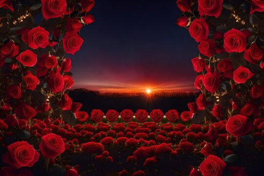 Fototapeta Red Roses Flowers blooming in Fantasy magical enchanted garden, fairytale floral grove on mysterious evening dusk background with sunset light in golden hour, symmetric panoramic wide banner. 