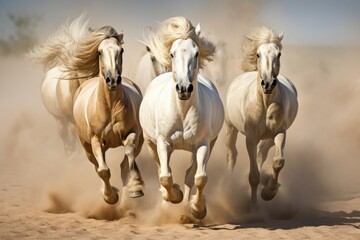 Obraz premium Majestic view of galloping white stallions, manes flowing, in dusty environment. Dynamic movement captured as white stallions sprint with power and grace on sandy ground.