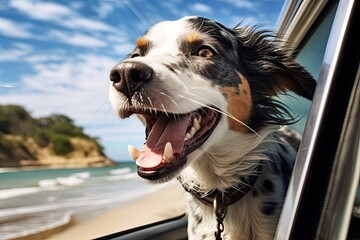 Dog with wind-ruffled fur, open mouth. View from car with road and nature backdrop. Traveling pets and outdoor adventures.