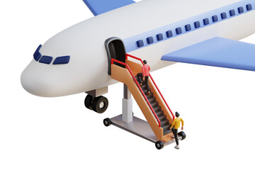 People getting onboard on plane 3D Illustration. People getting on flight. Tourism, traveling, aviation industry concept