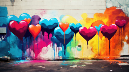 heart shaped balloons graffiti wall abstract background, artistic pop art background backdrop