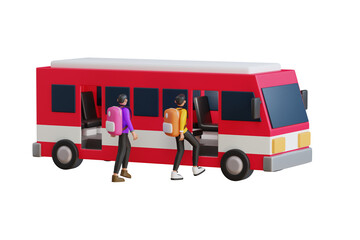 People getting on bus 3d illustration. people is standing in line and waiting to get in a bus. 3d illustration