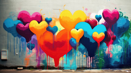 heart shaped balloons graffiti wall abstract background, artistic pop art background backdrop - obrazy, fototapety, plakaty