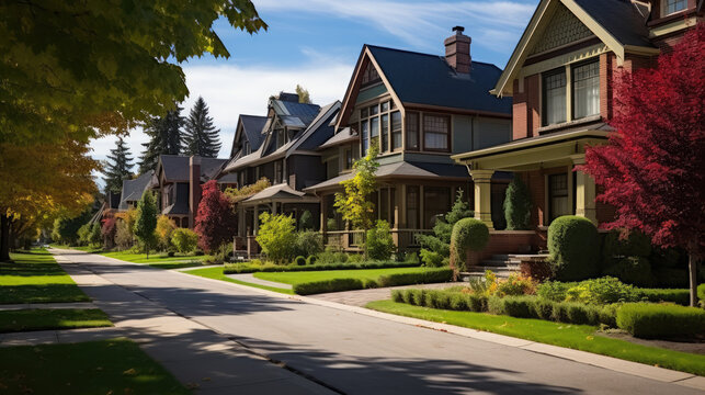 Suburban Neighborhood With A Row Of Colorful Houses On A Quiet Residential Street