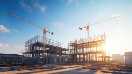Construction background: A Construction site of large residential commercial building, some already built, large metal structure with bright sky background.