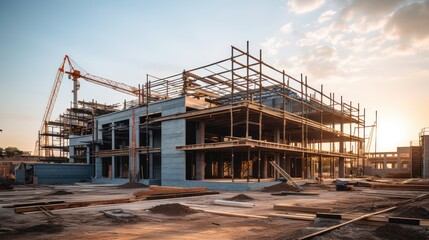 Construction background: A Construction site of large residential commercial building, some already built, large metal structure with bright sky background.