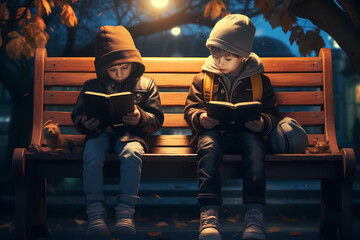 two kids sitting on a bench - obrazy, fototapety, plakaty