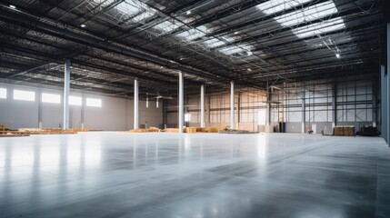 A Empty warehouse with concrete floor inside industrial building Use it as a large factory, warehouse, hangar or factory. Modern interior with steel structure with space for an industrial background.