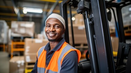 A Portrait of a professional industrial worker driving a forklift, a team of quality control staff storing goods, shelving, Warehouse Workshop for factory workers, quality control engineers. - obrazy, fototapety, plakaty