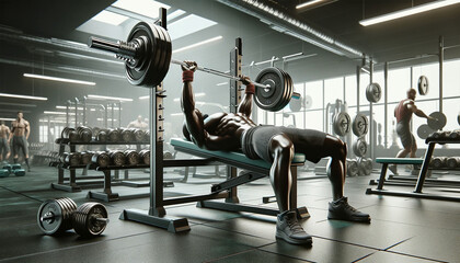 Strength Training: Man Doing Bench Press at Gym - obrazy, fototapety, plakaty