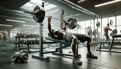 Foto op Plexiglas Strength Training: Man Doing Bench Press at Gym © WATA3
