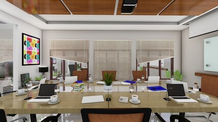 Modern conference room with empty chalkboard with city view. Mock up, 3D Rendering