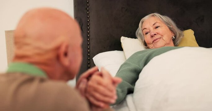 Care, Sick And Senior Couple In Bed Holding Hands For Support, Bonding And Empathy At Home Together. Retirement, Marriage And Elderly Man With Woman In Bedroom For Illness, Healing And Recovery