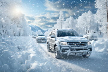 snow covered cars on the road in snowfall in winter. - obrazy, fototapety, plakaty