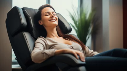 Photo sur Plexiglas Spa A happy woman relaxing on the massage chair in the living room.