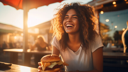 A joyful girl eating a burger in an outdoor restaurant as a Breakfast meal craving deal.