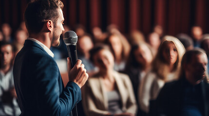 A male speaker with microphone in front of audiences. Comedy music and theater live performance. Seminar or Conference.