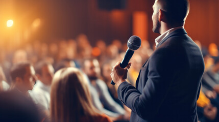 A male speaker with microphone in front of audiences. Comedy music and theater live performance....