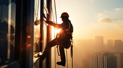 Foto op Canvas A Professional climber rope access worker cleaning glass in tall building. © Wararat