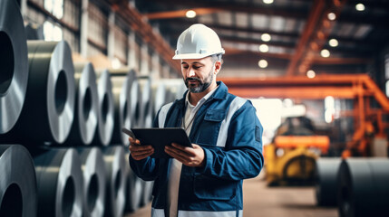 Engineer holding an iPad to inspect the Rolls of galvanized steel sheet inside the factory or warehouse.