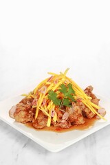 the menu of a restaurant called Mango Chicken. Flour fried chicken with spices and mango