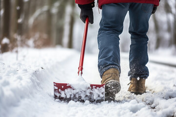 A person using a snow shovel to clear snow from a path after a winter storm