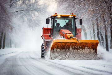 A snowplough working to remove snow from a road after a winter storm. Winter road clearing - obrazy, fototapety, plakaty