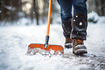 A person using a snow shovel to clear snow from a path after a winter storm - obrazy, fototapety, plakaty